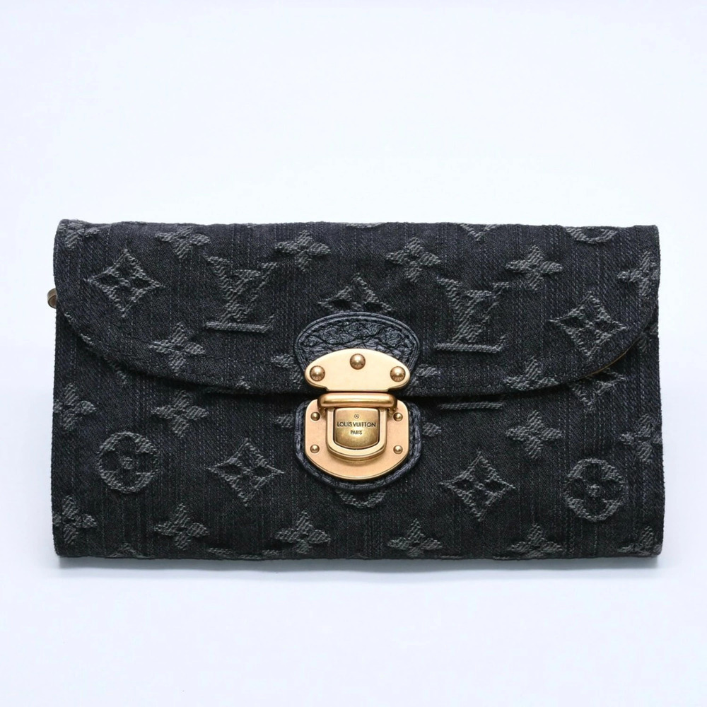LOUIS VUITTON Monogram Denim Portefeuille Amelia trifold wallet black yellow